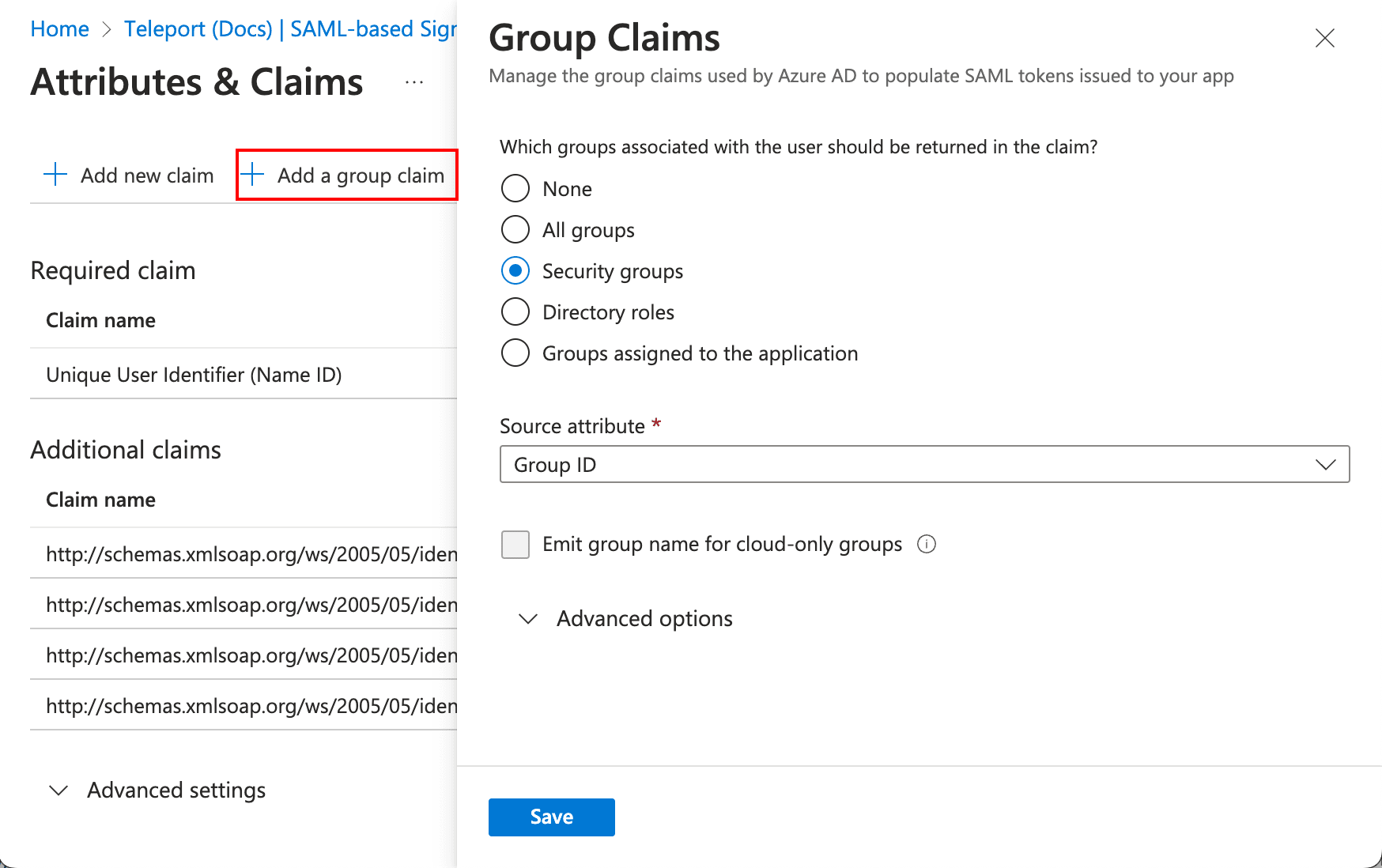 Put in Security group claim