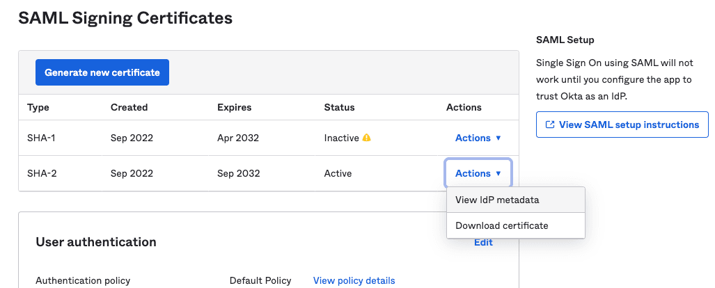 View Okta IdP Metadata